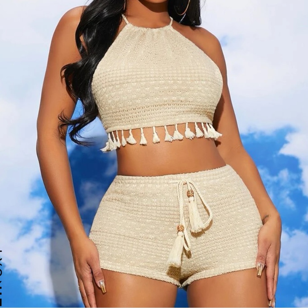 SXY Fringe Hem Halter Top & Shorts Set - Beige